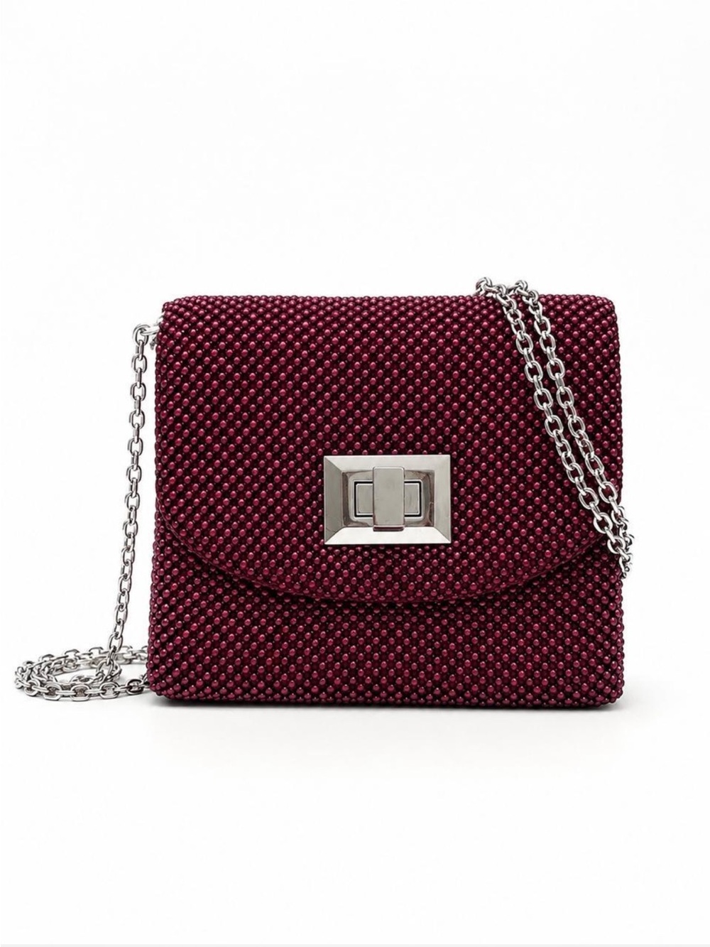 La Regale Burgundy Beaded Evening Bag Chain Shoulder Purse